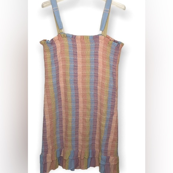 NWOT American Eagle Pastel Multicolor Striped, Smocked Ruffle Bodycon Dress. - Picture 3 of 11